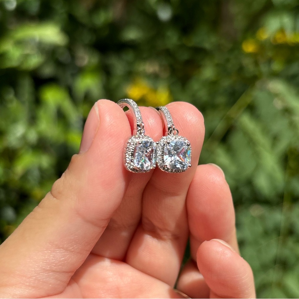 18K White Gold Plated Stainless Steel Diamond Dangling Earrings - Picture 3 of 5